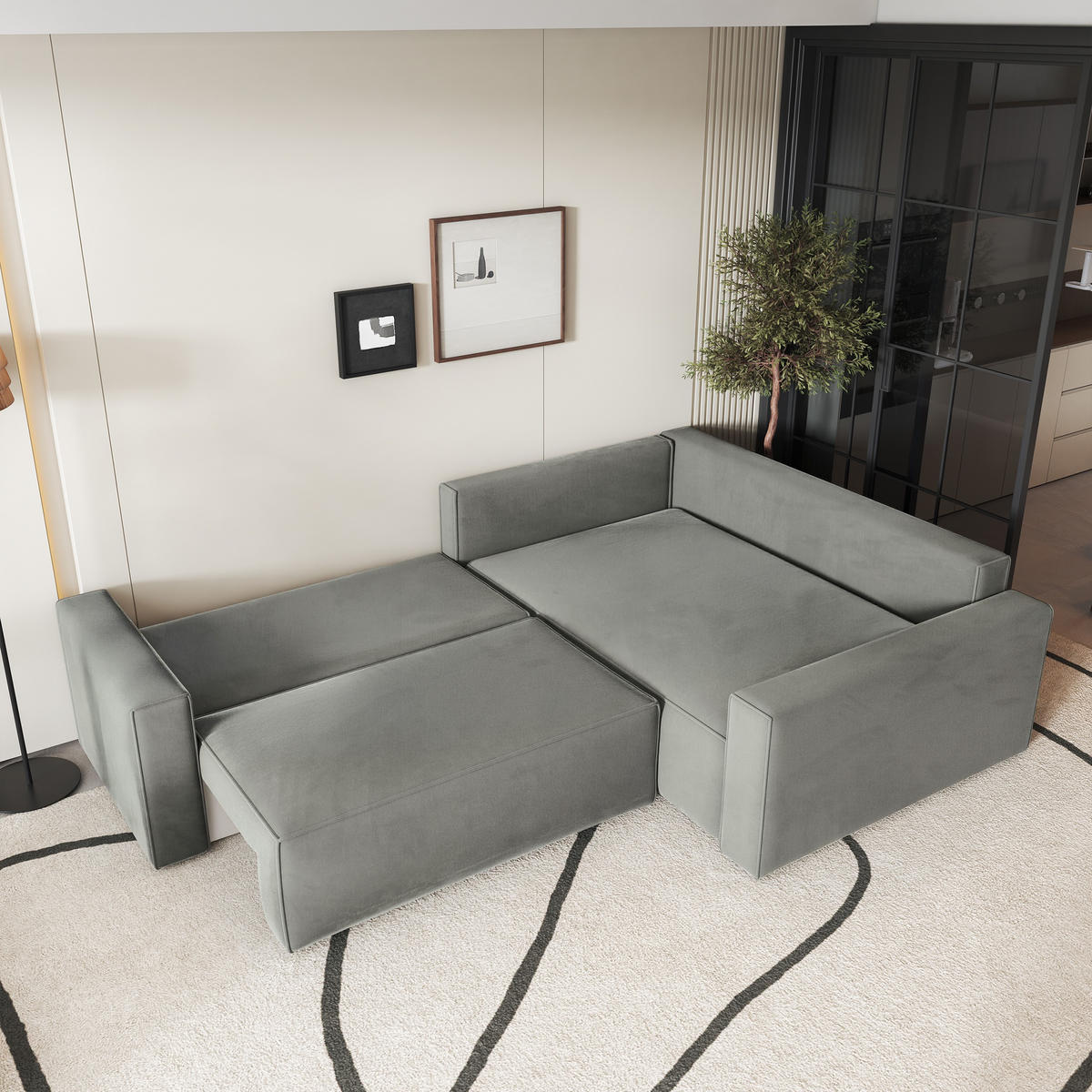 ECKSOFA ERONIS R-S Hellgrau Velours-Stoff mit Schlaffunktion - Hellgrau, Holz (265/194cm) - MASSENO