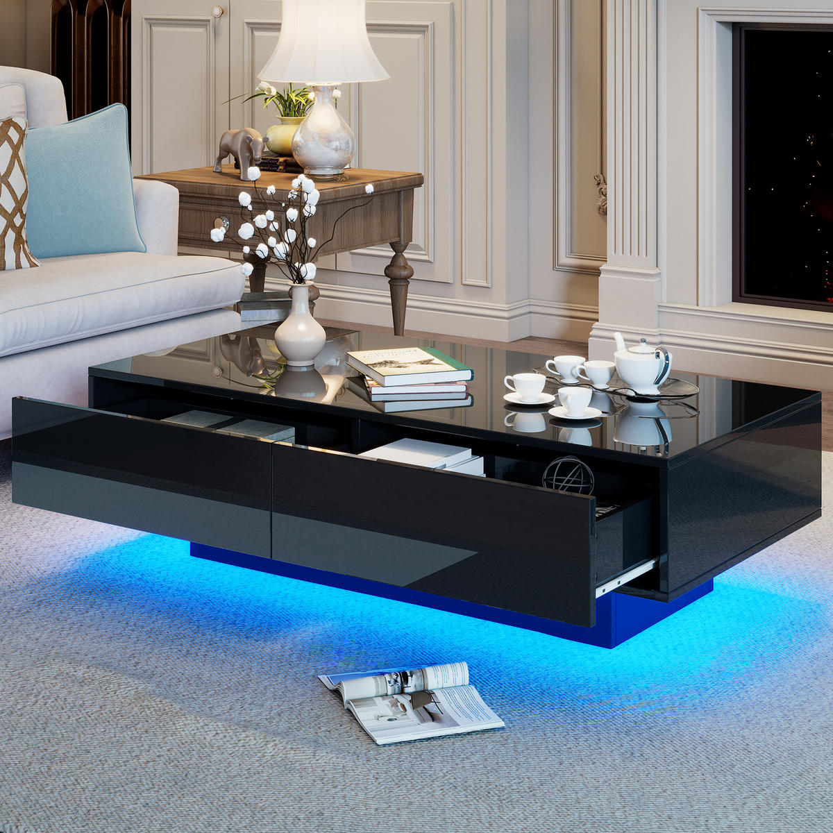 COUCHTISCH schwarz mit Hochglanzoberflächen und integrierter LED-Beleuchtung 115 × 55 × 34 cm - Schwarz, Holzwerkstoff (55/115/34cm) - Luhomfu