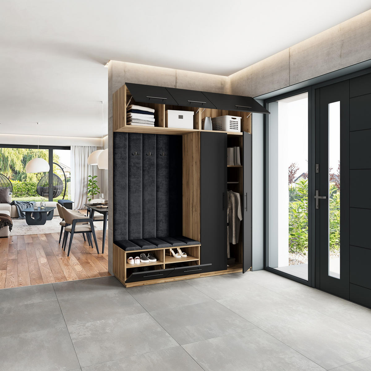 GARDEROBENSCHRANK REMA 180/240/60 cm Modern Eiche Wotan - Eiche Wotan/Schwarz, Holzwerkstoff (180/240/60cm) - MASSENO