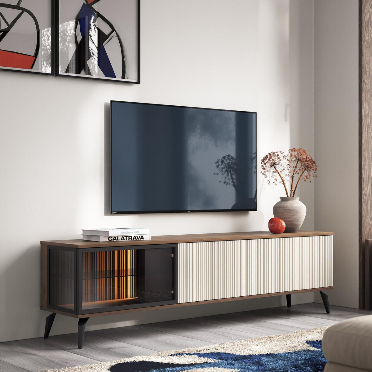 TV-LOWBOARD YUKO RTV180 180 cm (Warmia Nussbaum, Kaschmir, Klapptüren, Glas, LED) - Kaschmir/Walnussfarben, Glas/Holz (180/50/39cm) - Ravio