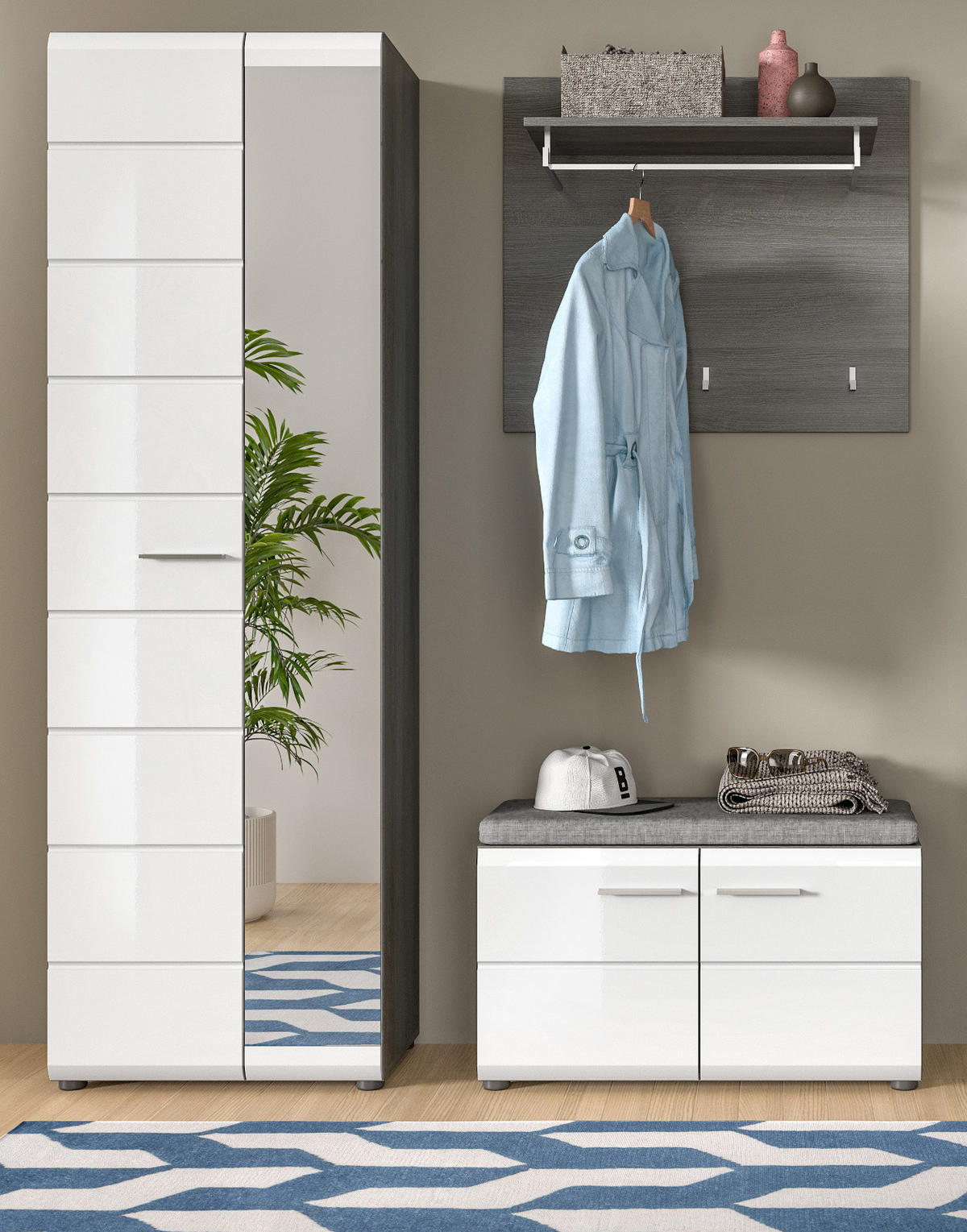 GARDEROBENSCHRANK weiß Hochglanz, grau 60 cm, Flurschrank mit Spiegeltür - Weiß Hochglanz/Silberfarben, Glas/Holzwerkstoff (60/192/37cm) - Inn.Furn