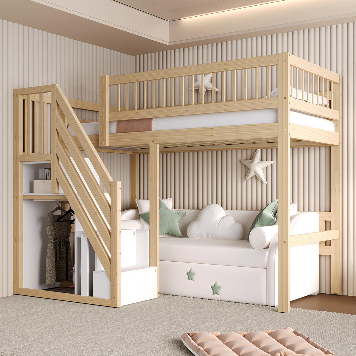 HOCHBETT Kinderhochbett 90/200 cm aus Kiefernholz mit Aufbewahrungstreppe Natur - Naturfarben, Holzwerkstoff (90/200cm) - Modenvie