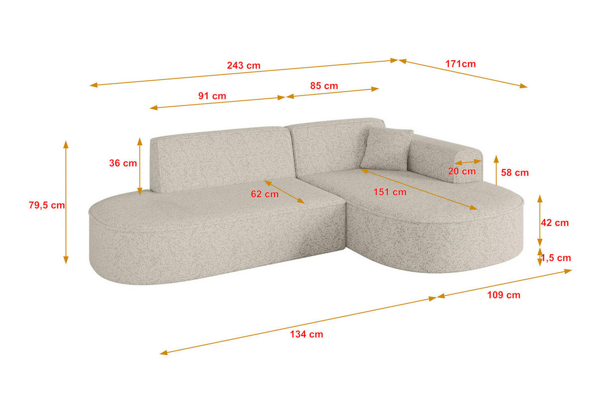 ECKSOFA Ottomane Rechts MARI-L1 - 243x171x79 cm Beige Tissu - Beige/Schwarz, Holzwerkstoff/Kunststoff (171/243cm) - ALTDECOR