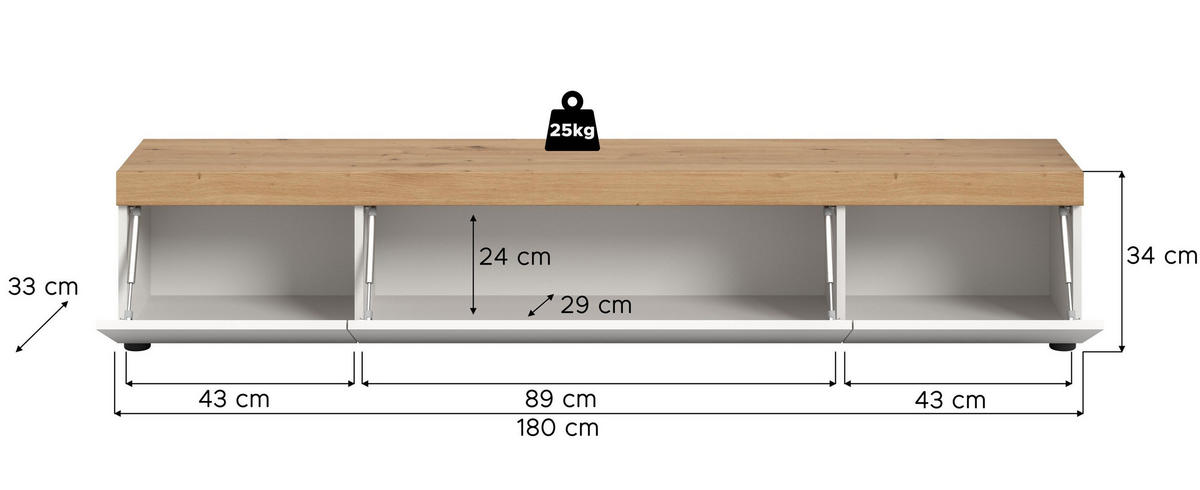 LOWBOARD groß RUDA (B/H/T: ca. 180/34/33 cm) in Weiß/weiß - Weiß, Holzwerkstoff (180/34/33cm)