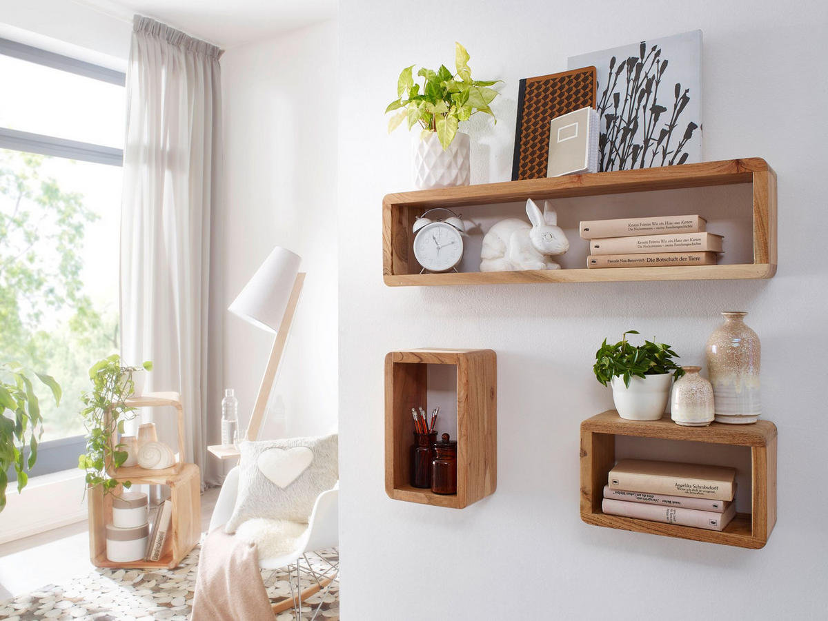 WANDREGAL Set TEKO CUBES Massivholz Abgerundete Ecken, Beige 80x15x20 cm - Beige, Holz (80/20/15cm) - KADIMA DESIGN