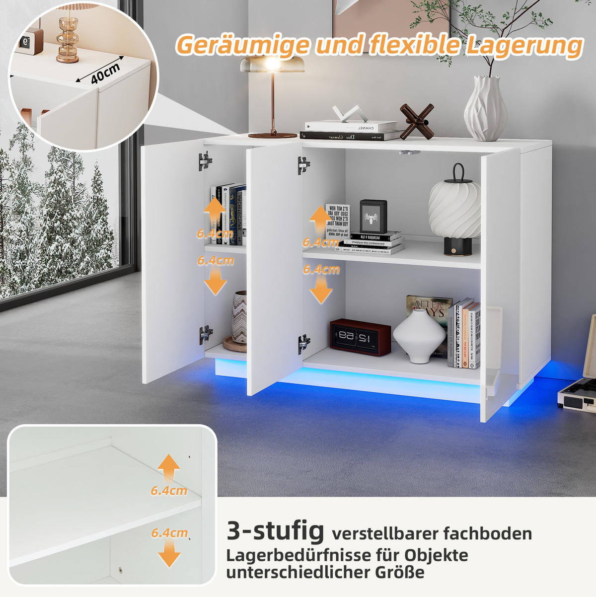 SIDEBOARD 120/40/75 cm Weiß aus Spanplatte mit LED-Beleuchtung - Weiß, Holzwerkstoff (40/75/120cm) - OKMYHOME