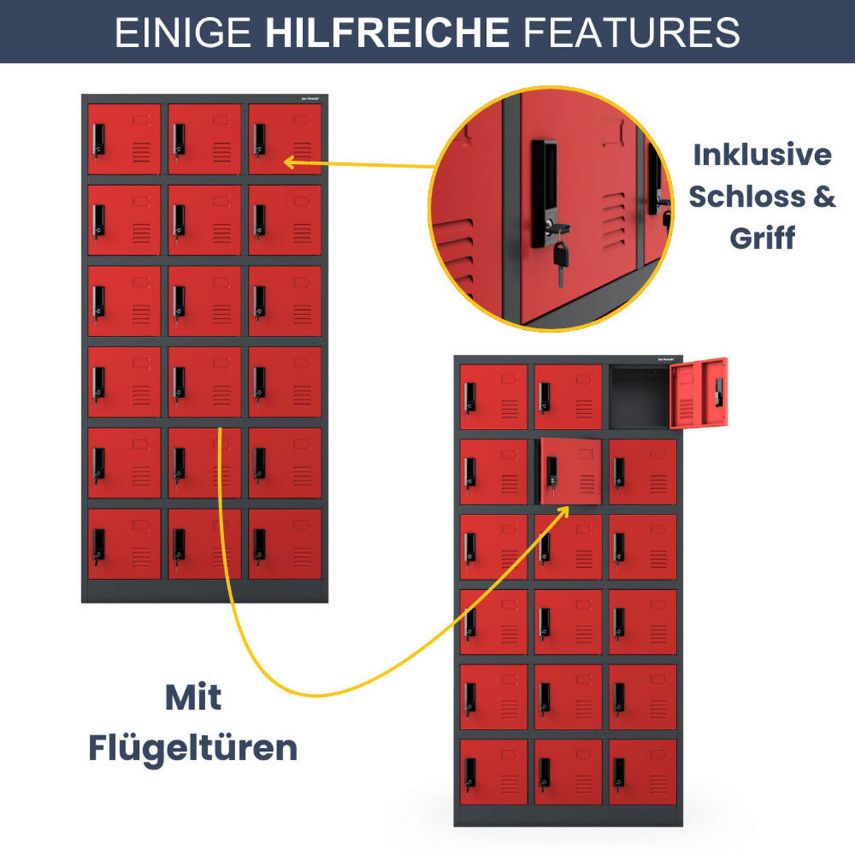 SCHLIESSFACHSCHRANK Spind BERN 18 Fächer185x90x40cm Anthrazit-Rot - Anthrazit, Metall (90/185/40cm) - DELUKE