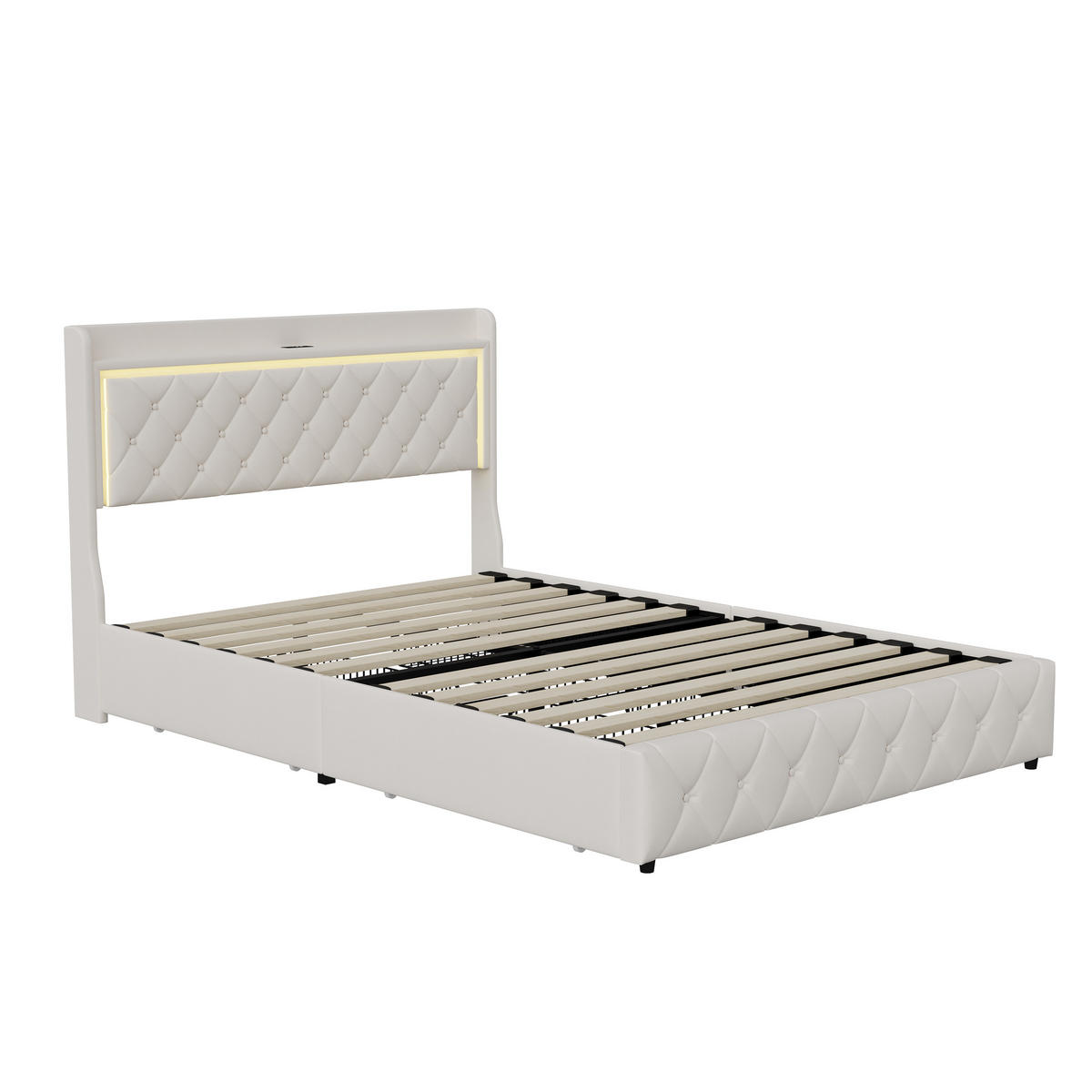 POLSTERBETT 140x190 cm LED USB Stauraum 4 Schubladen Lattenrost beige - Beige, Holz (140/190cm) - LEBENLANG