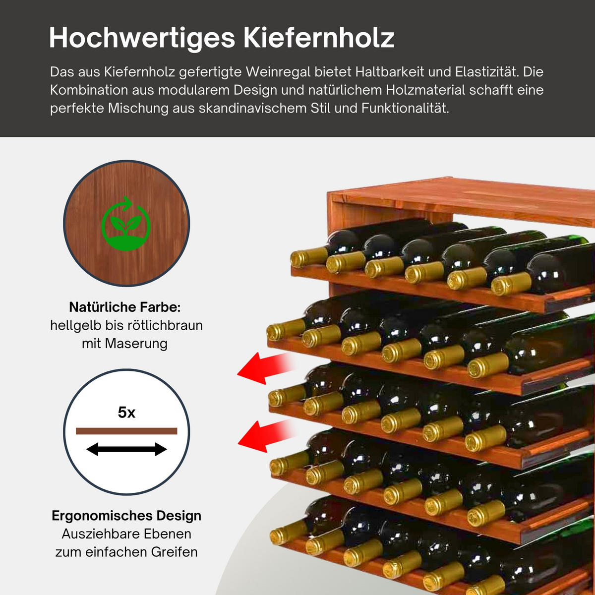 WEINREGAL Vincellar Mod 60x60x30 cm Auszug Modul Für 30 Flaschen mit Ausziehbaren Ebenen Massives Kiefernholz Braun Geölt - Braun, Holz (60/60/30cm) - PROREGAL