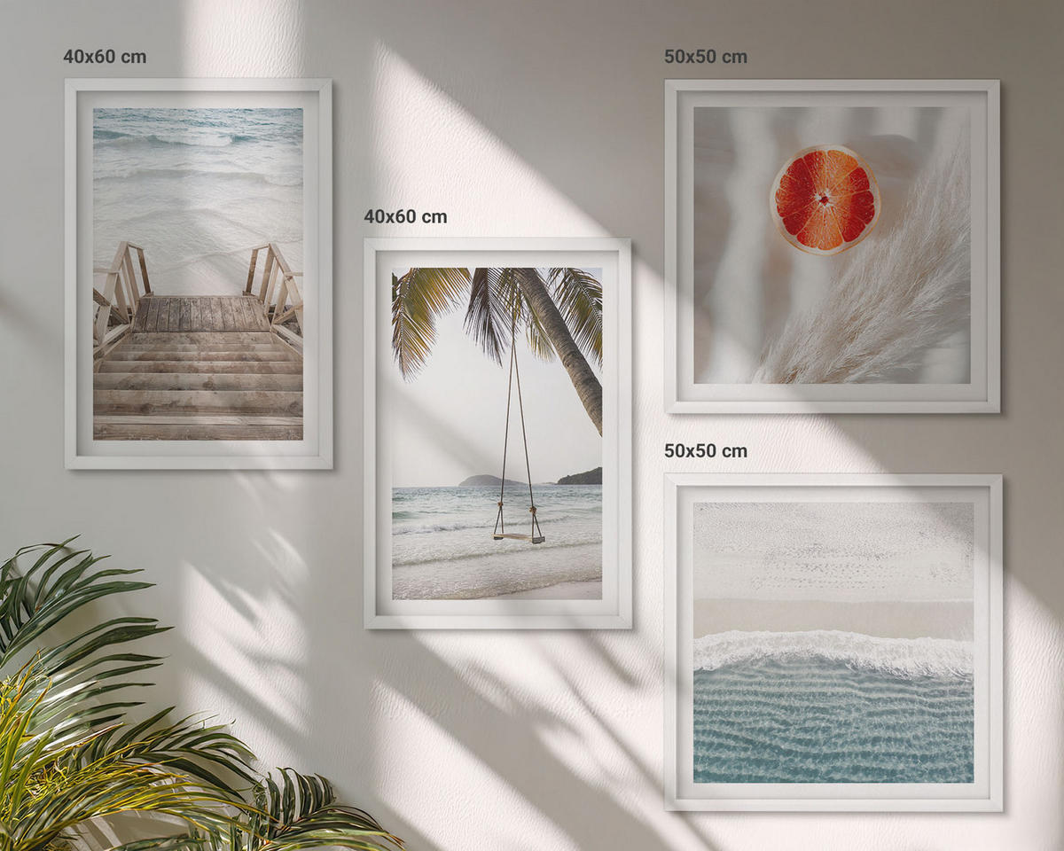 WANDBILDER 4er-Set - 50x50 cm & 40x60 cm Weißer Rahmen - Strandatmosphäre dank hölzerner Treppen. - Weiß, Kunststoff (50/50cm) - ArtPrintCave