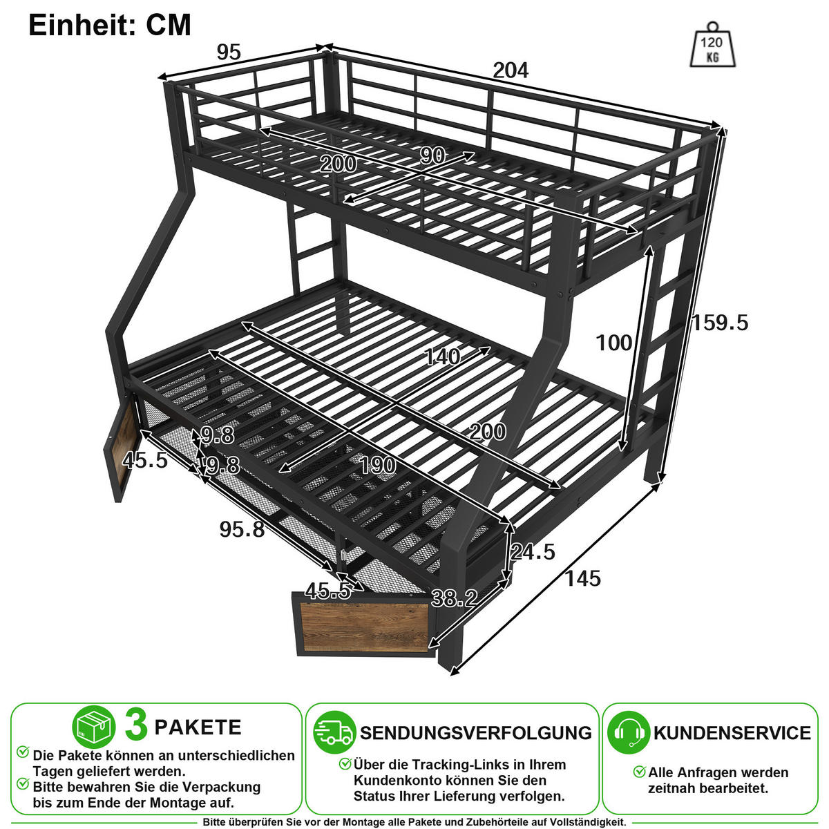 ETAGENBETT 90/200 cm & 140/200 cm in Schwarz mit Schuhschrank, Staufächern und Leiter - Schwarz, Holzwerkstoff/Metall (90/200cm) - CHICFURN