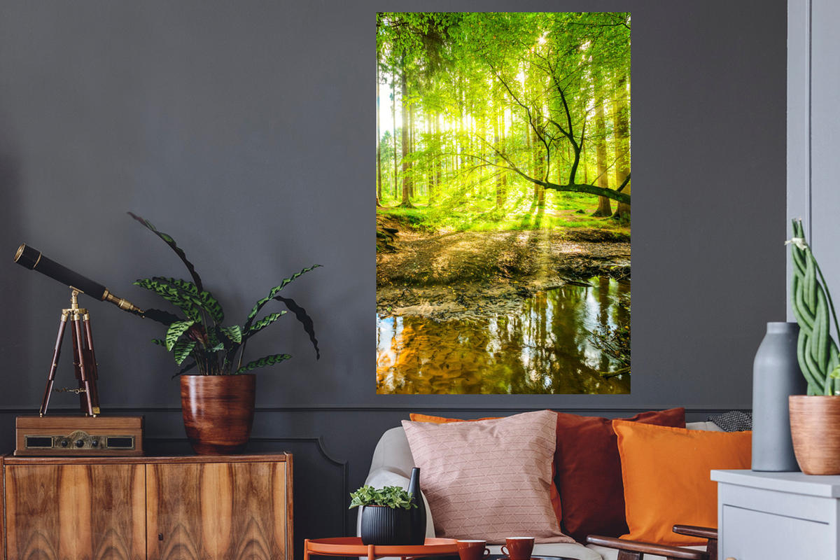 WANDTATTOO Wald - Landschaft - Wasser - Bäume - Sonne - Grün - Natur 80x120 cm - Grün, Kunststoff (80/120/0.1cm) - MuchoWow