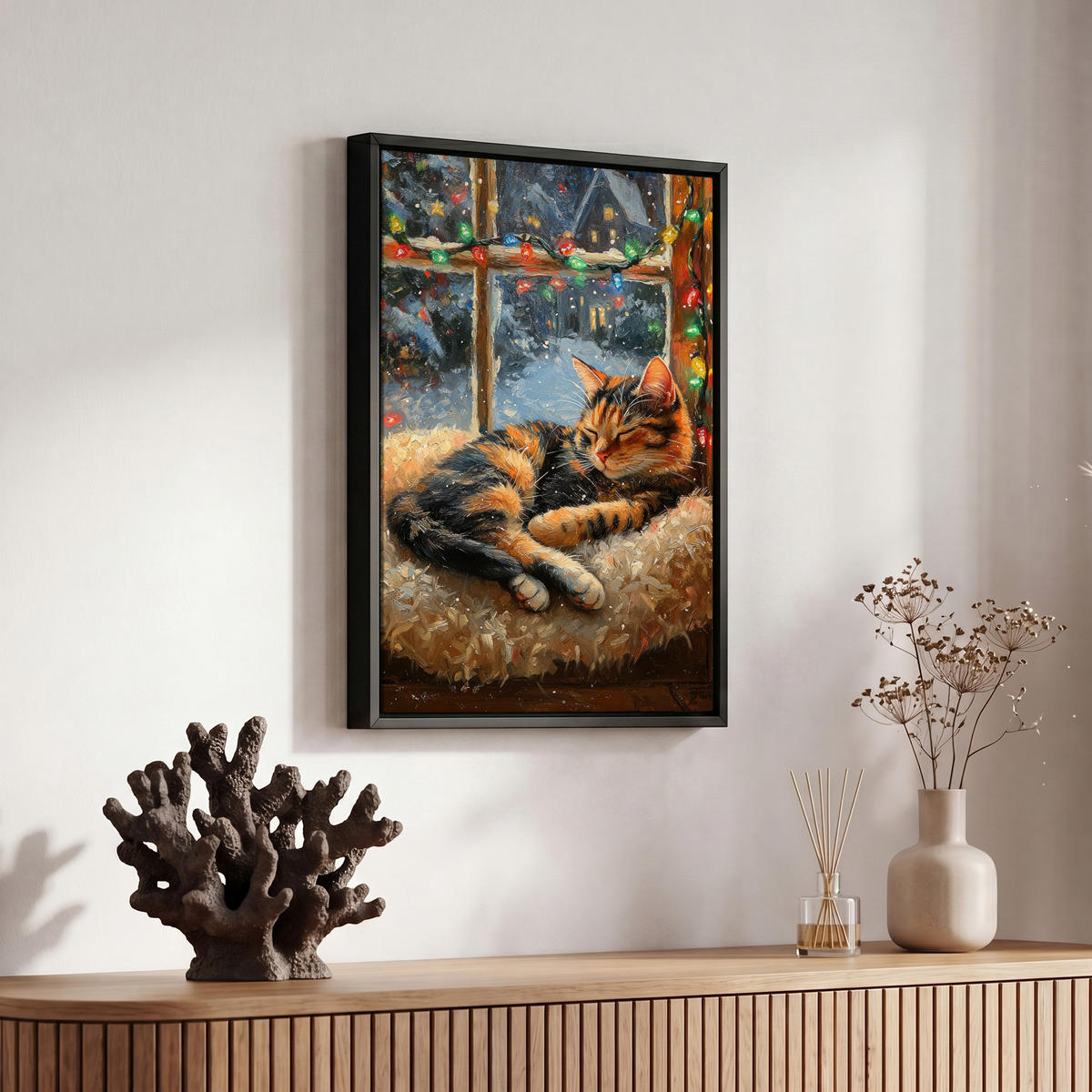 LEINWAND Bilder mit Rahmen - Katze - Weihnachten - Winter - Tier - 20x30 - Bernsteinfarben, Textil (20/30cm) - MuchoWow