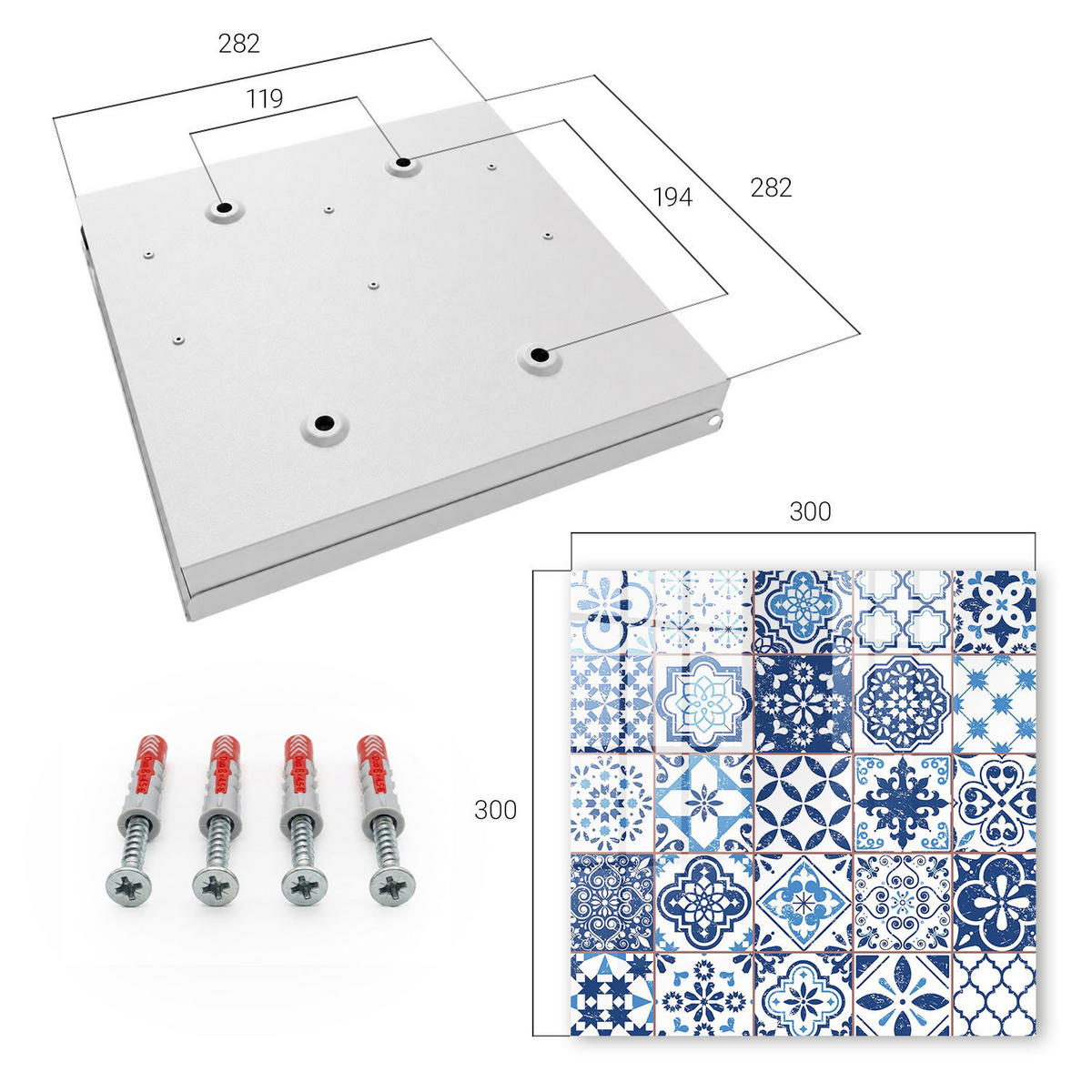 SCHLÜSSELBOX Weiß 30x30 cm – Türöffnung nach rechts - Blaue Fliesen - Blau, Metall (30/30/5cm) - TULUP