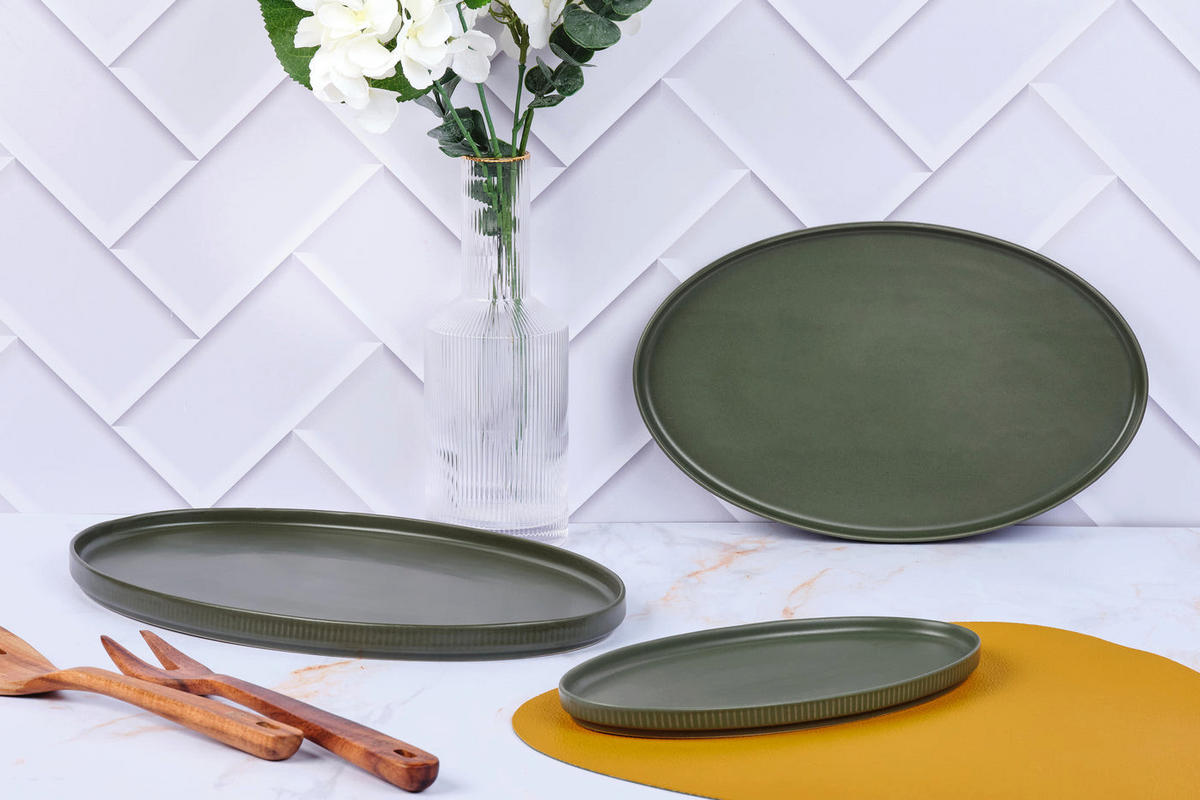 SERVIERPLATTEN Scandi - 3er-Set - Olive - Grün, Keramik (1/1/1cm) - Björn