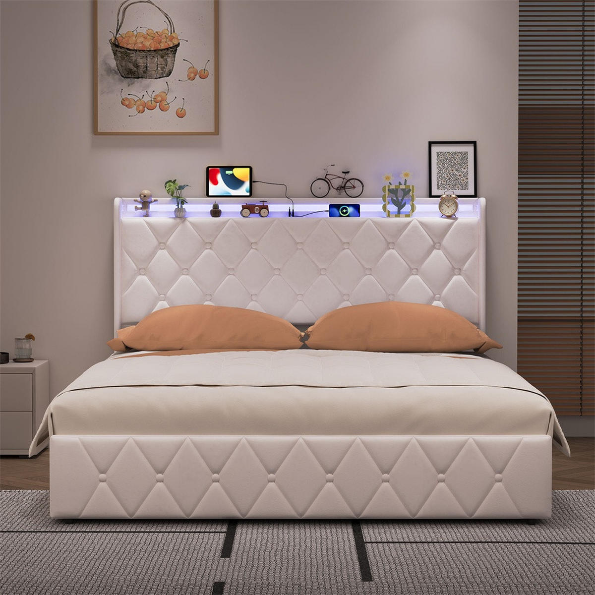 POLSTERBETT 140x200 cm mit hydraulischem Stauraum - Kopfteil Regal & LED - USB - ohne Matratze - Beige - Beige, Textil (140/200cm) - DELFA