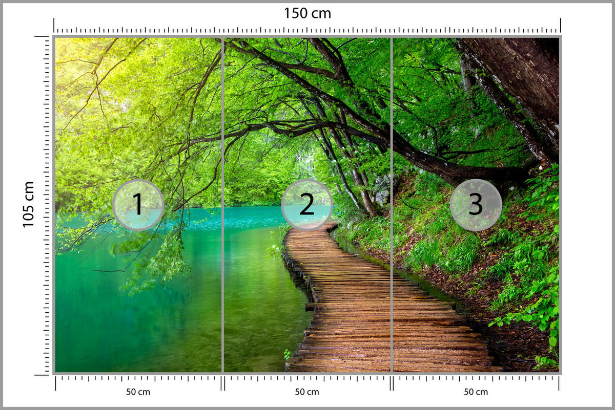 FOTOTAPETA Pre Obývaciu Izbu Drevené Mólo Jazero Stromy Rastliny Príroda 150 x 105 cm - hnedá/zelená, papier (150/105cm) - Muralo