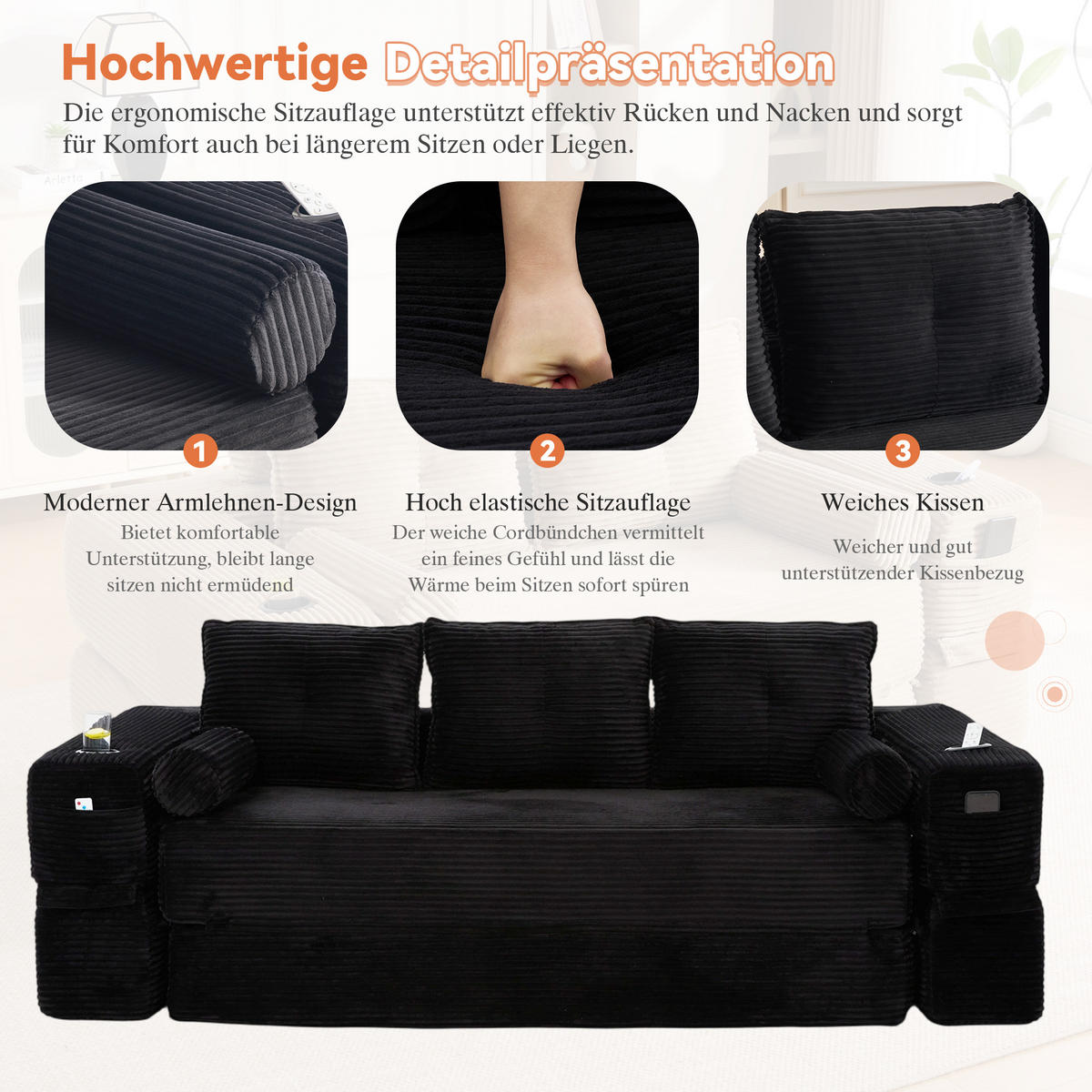 SCHLAFSOFA, 2-in-1 Klappsofa mit Getränkehalter, Modulares Bodensofa Cordstoff, Schwarz - Schwarz, Textil (232/80/98cm) - LVHOM