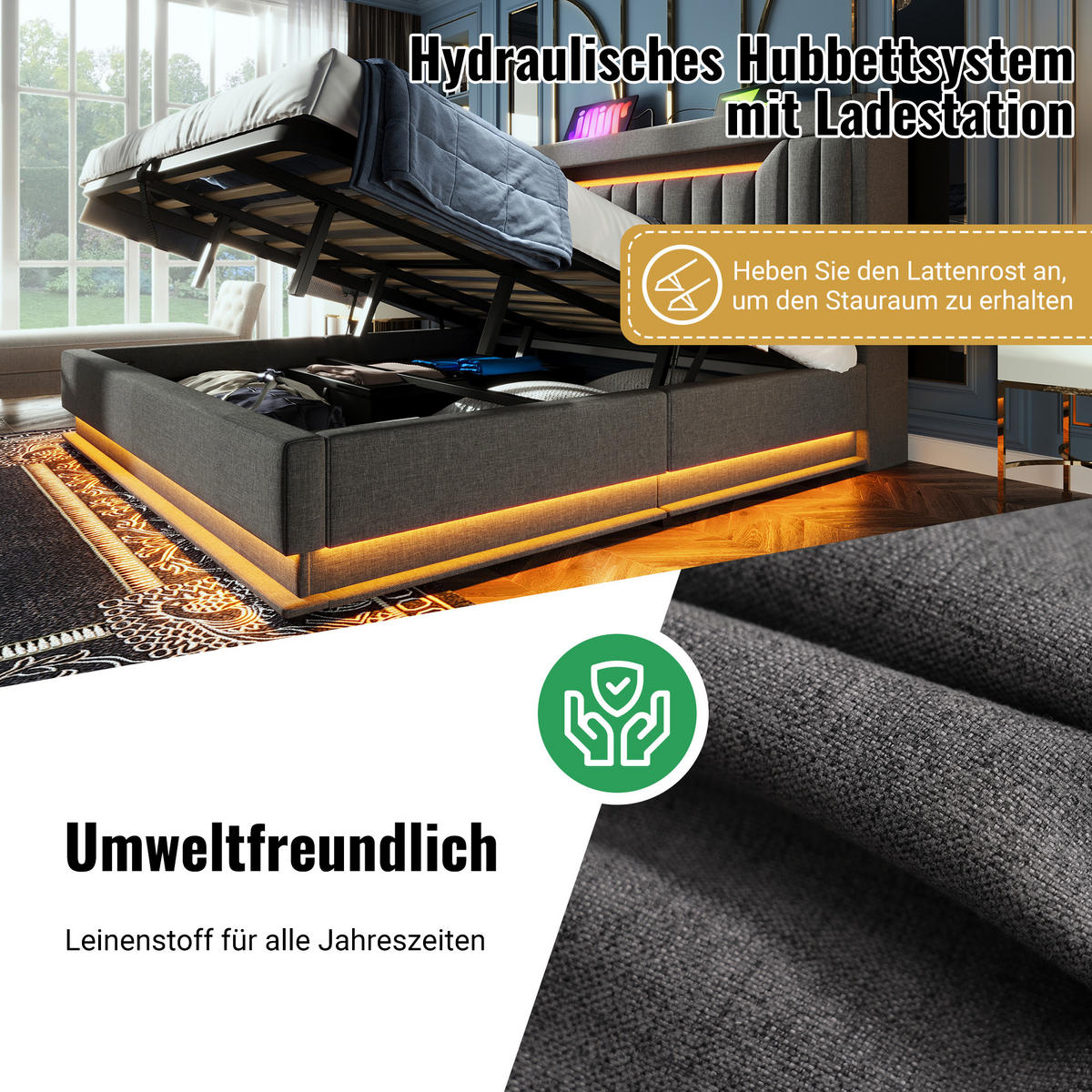 POLSTERBETT 140/200 cm mit LED, USB- und Type-C-Anschluss, Stauraum-Kopfteil und hydraulischem Bettkasten, Leinen, Grau - Grau, Textil (140/200cm) - Redom