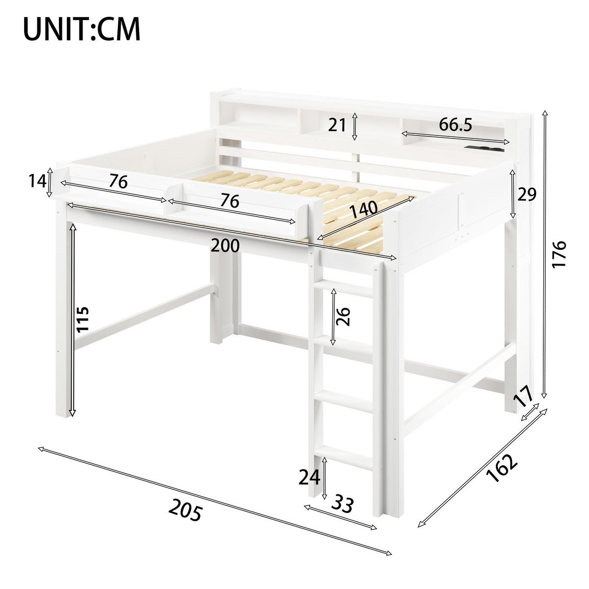 HOCHBETT 140/200 cm in Weiß mit LED, USB und 3 Schränken - Weiß, Holz/Holzwerkstoff (140/200cm) - WISHDOR