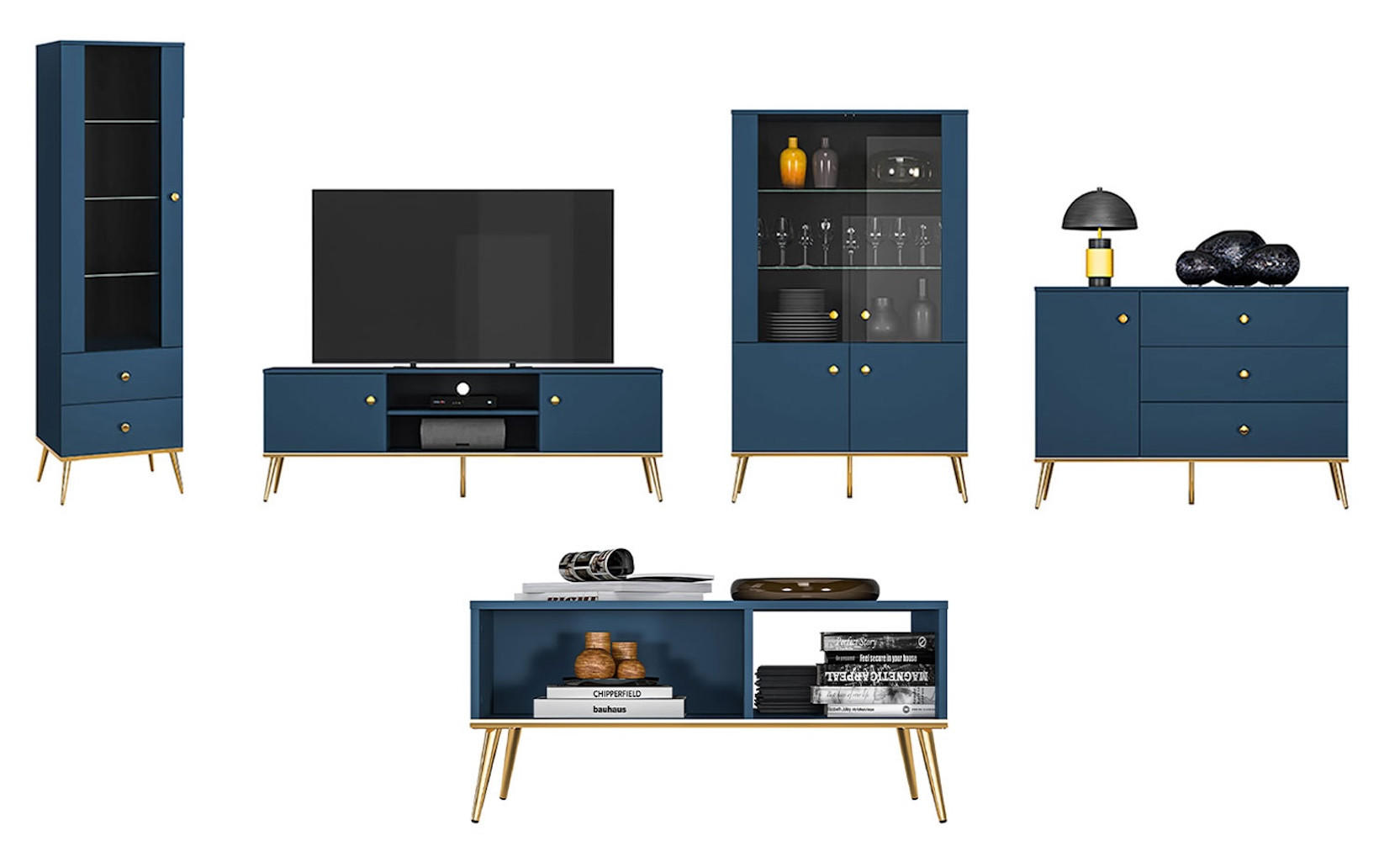 WOHNZIMMER-SET Marine dunkelblau / gold 427 / 40 / 190cm 5-teilig - Blau/Dunkelblau, Holz/Holzwerkstoff (427/190/40cm) - Feldmann-Wohnen