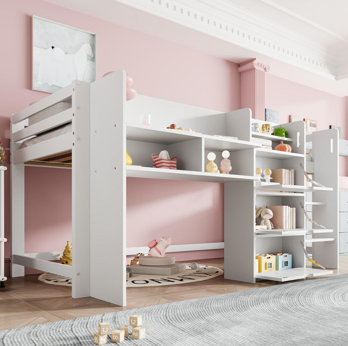 HALBHOHES BETT 90/200 cm, Weiß mit Stauraum und Regalen - Weiß, Holz (90/200cm) - MIVRAY