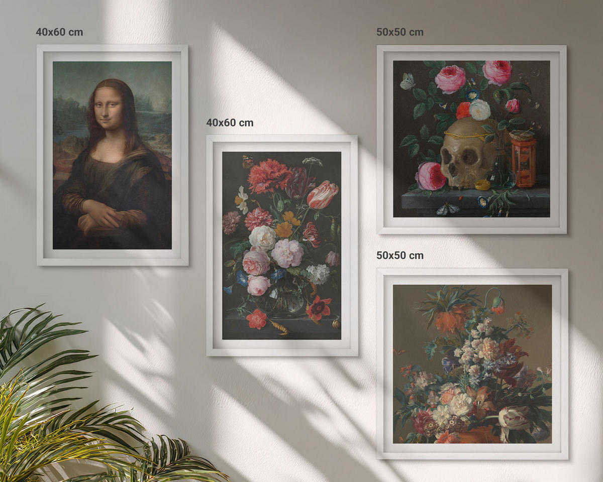 BILDER SET 4er Set - 50x50 cm & 40x60 cm Weißer Rahmen - Vintage Blumen Totenkopf Mona Lisa - Weiß, Kunststoff (50/50cm) - TULUP