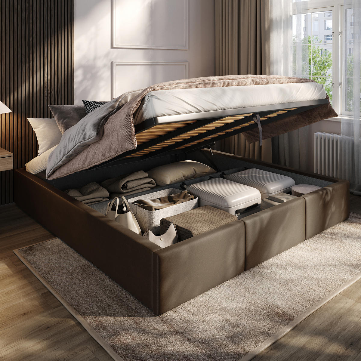 POLSTERBETT für Schlafzimmer Bett mit Stauraum Braun 180x200cm - Braun, Holzwerkstoff/Textil (180/200cm) - Muralo