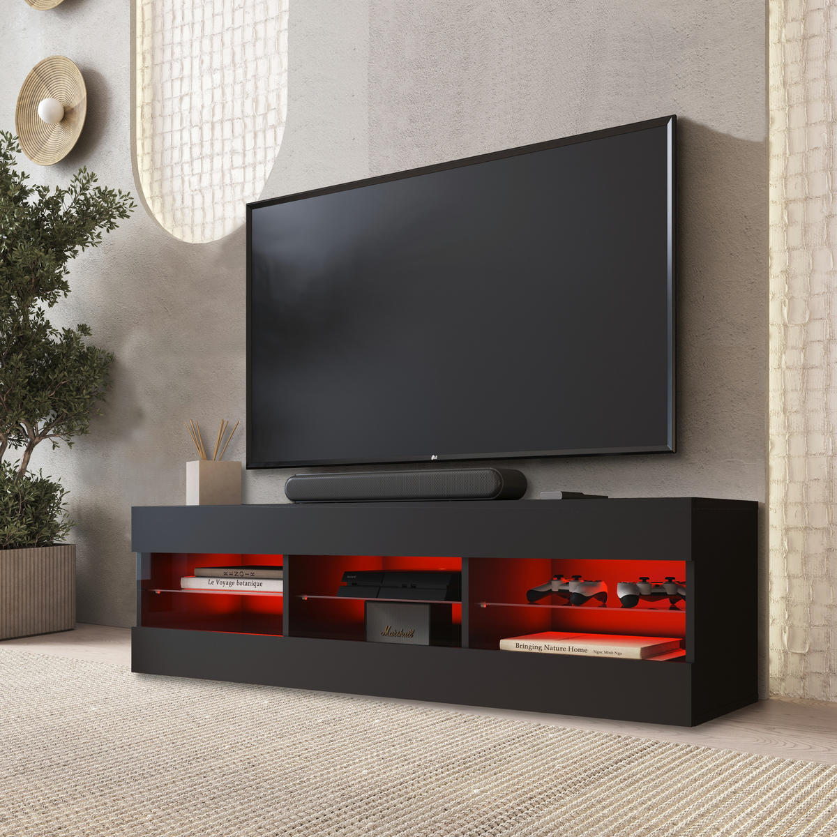 LOWBOARD TIVOLI RTV 140, Schwarz, LED Mehrfarbige - Schwarz, Glas/Holzwerkstoff (140/40.5/35.5cm) - Komodee