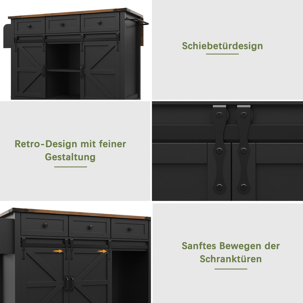 KÜCHENINSEL 140x73x94cm Schwarz mit 3 Schubladen & 5 Rollen - Schwarz, Holzwerkstoff (140/94/73cm) - Modfu