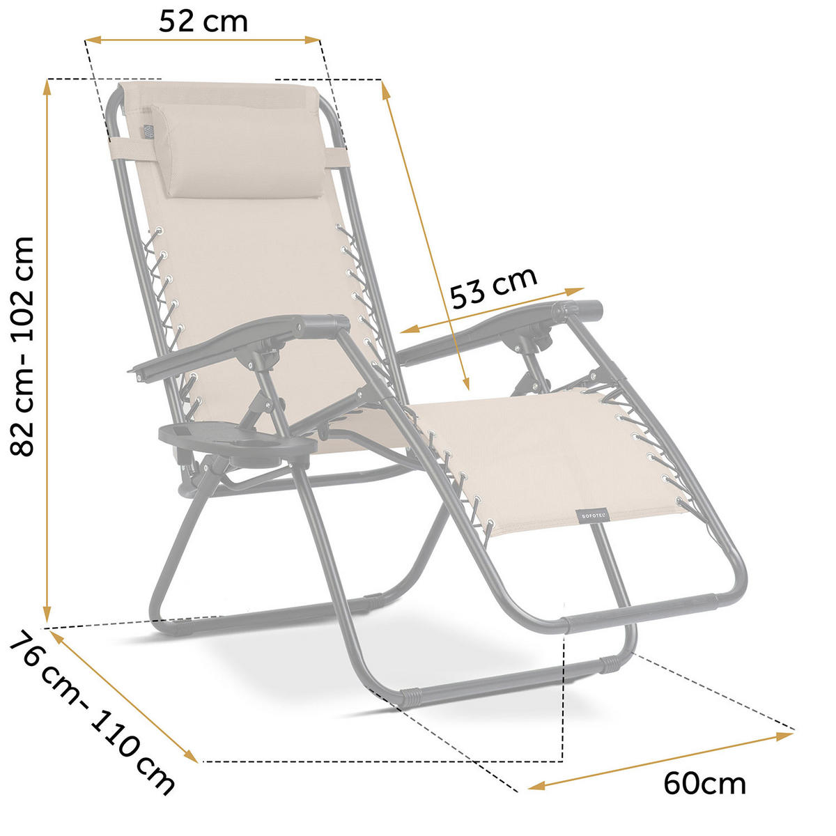 GARTEN-RELAXSESSEL Klappbarer mit Kissen, Beige - Beige, Metall (60/102/110cm)