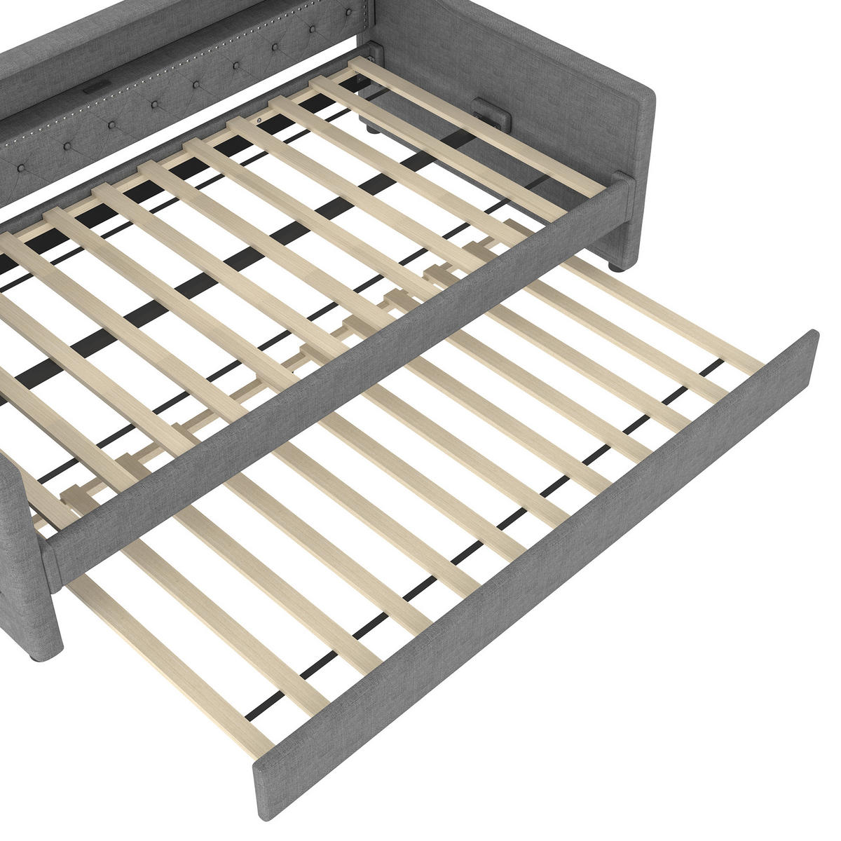 POLSTERBETT 90/200 cm Grau aus Leinen und MDF mit Ausziehbett, LED-Beleuchtung und USB-Ladeanschluss - Grau, Textil (90/200cm) - OKMYHOME