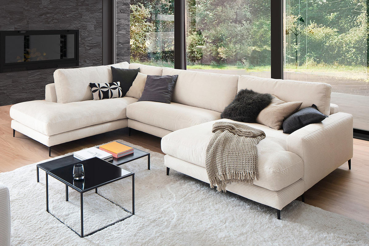 WOHNLANDSCHAFT CARA Cremeweiß Cord - Creme/Schwarz, Textil (341/84/223cm) - KAWOLA