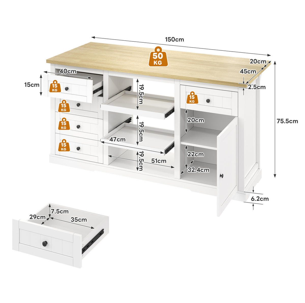 BUFFET aus MDF 150x65x75,5 cm Weiß/Natur mit Klappplatte, Steckdosen, 2 USB-Anschlüssen und 5 Schubladen - Naturfarben, Holzwerkstoff (150/75.5/65cm) - Modfu
