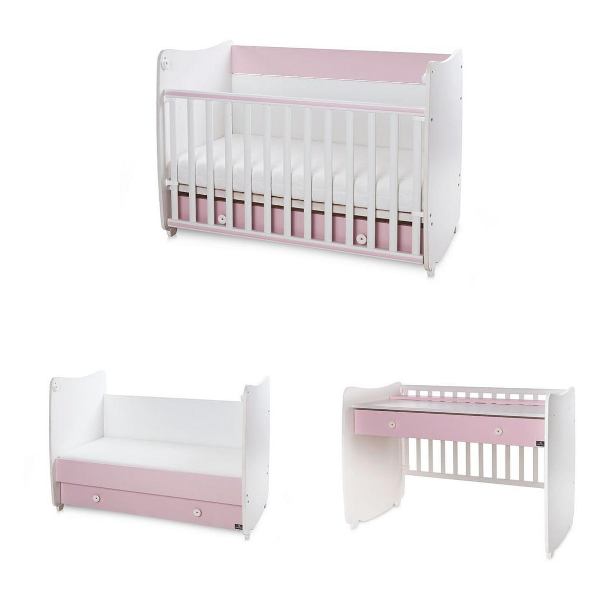 BABYBETT Dream NEW 120 pink 120 x 60 cm, Schaukelbett, Schreibtisch, Hubgitter, 2 Höhenpositionen - Rosa, Holzwerkstoff (60/120cm) - Lorelli