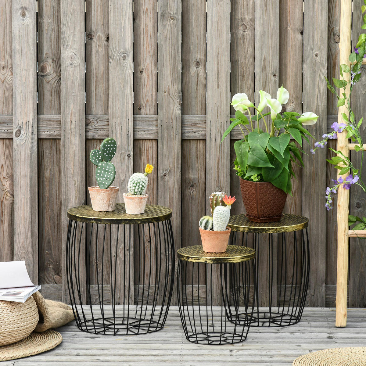 BEISTELLTISCH Metall, Gartentisch rund, Schwarz - Schwarz, Metall (38/38/41cm) - Outsunny