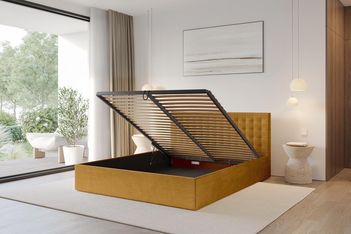 POLSTERBETT mit Bettkasten und Lattenrost, Boxbett ohne Matratze - PARI 180x200 Senfgelb - Currygelb, Holzwerkstoff/Textil (180/200cm) - ALTDECOR
