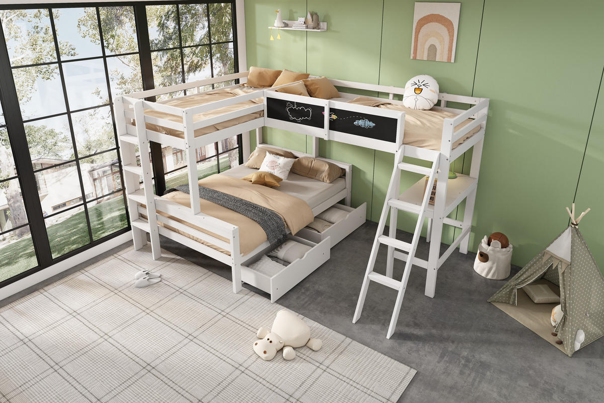 HOCHBETT 90/200 cm & 140/200 cm in Weiß & Eiche mit Schubladen, Schreibtisch und Regal Massivholz - Eichefarben/Weiß, Holz/Holzwerkstoff (140/200cm) - CHICFURN