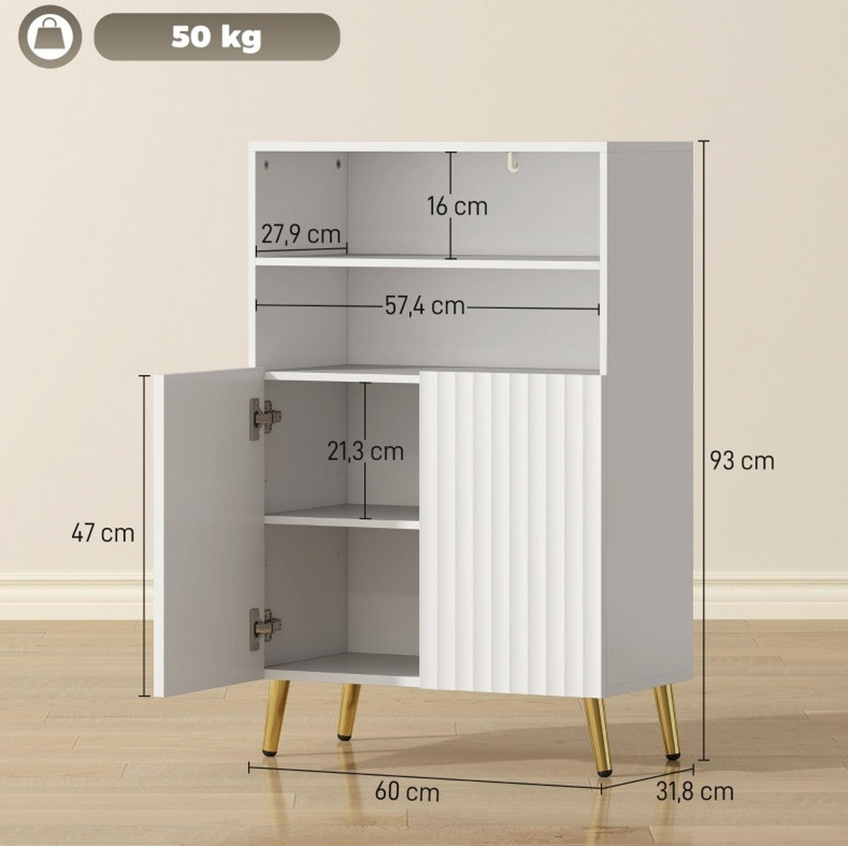 BADEZIMMERSCHRANK mit 2 offenen Fächern Weiß MDF - Weiß, Holzwerkstoff (31.8/93/60cm) - Beauniv