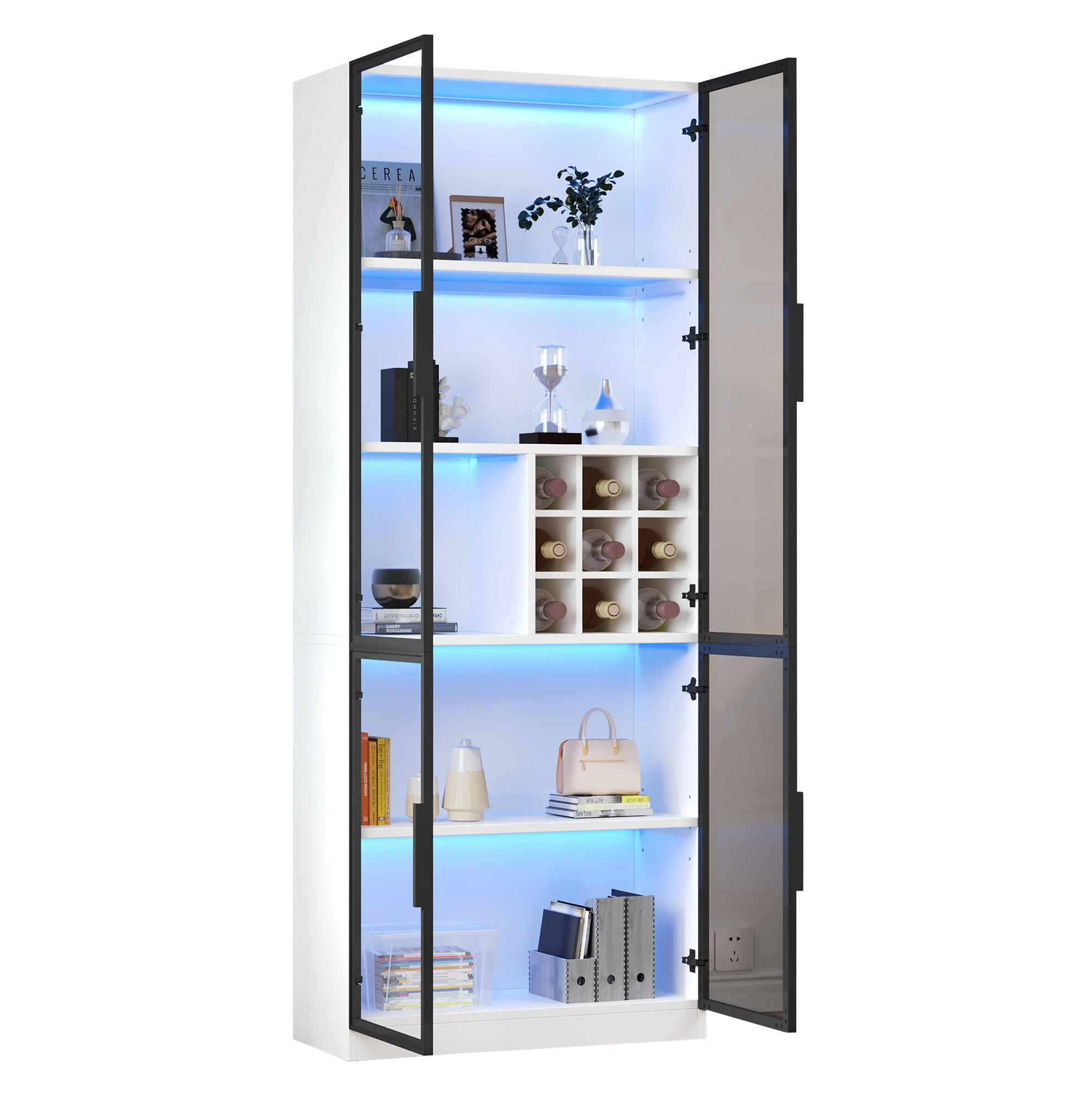 Modfu VITRÍNA z dřevotřísky a tvrzeného skla 80x200x35 cm bílá s LED osvětlením, vinotékou a 5 policemi