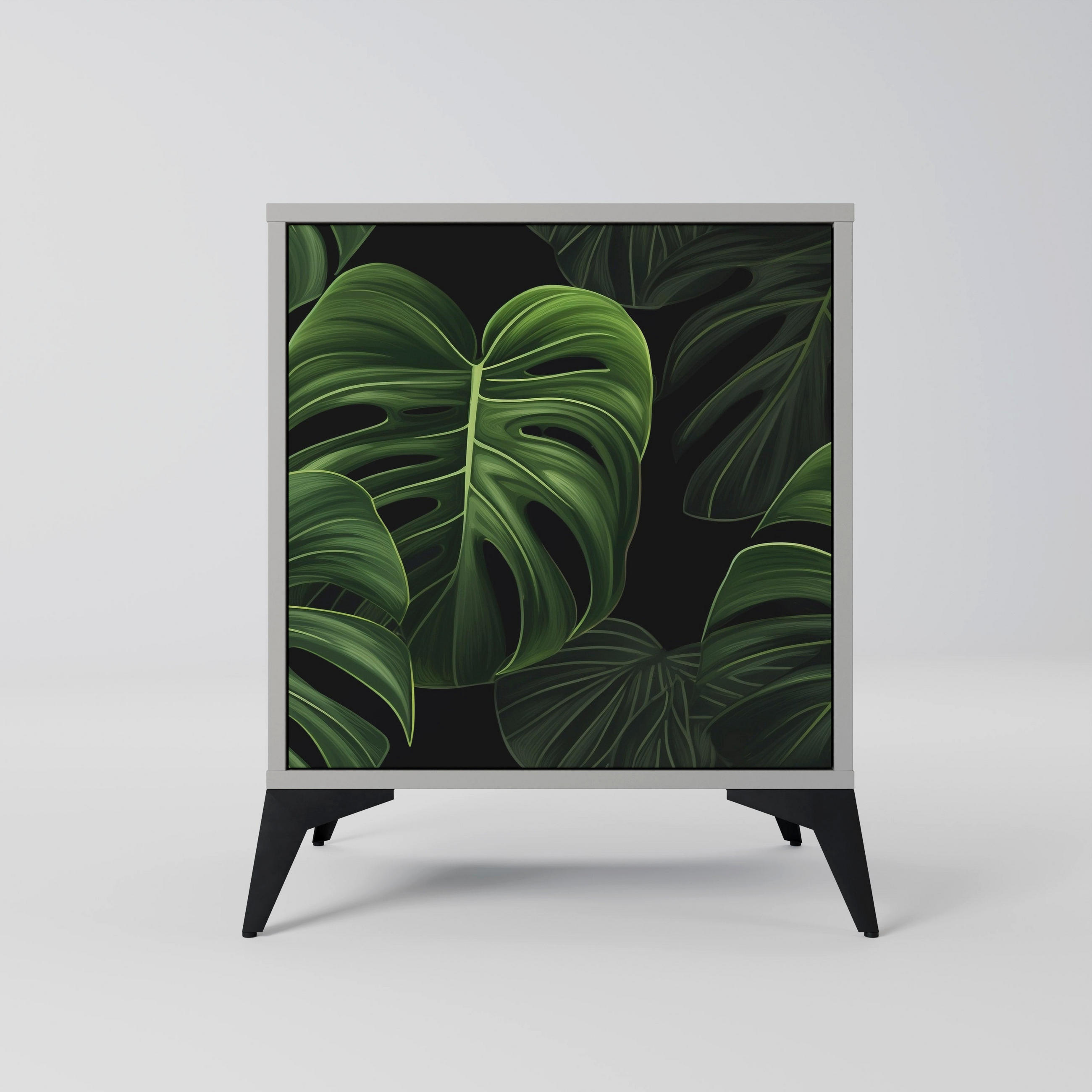 SIDEBOARD INFINITE MONSTERA, Grau, 57,5x42x70,5 cm, Schwarze Metall-Sternfüße - Multicolor/Schwarz, Holzwerkstoff/Metall (57.5/70.5/42cm) - SpaceRebels