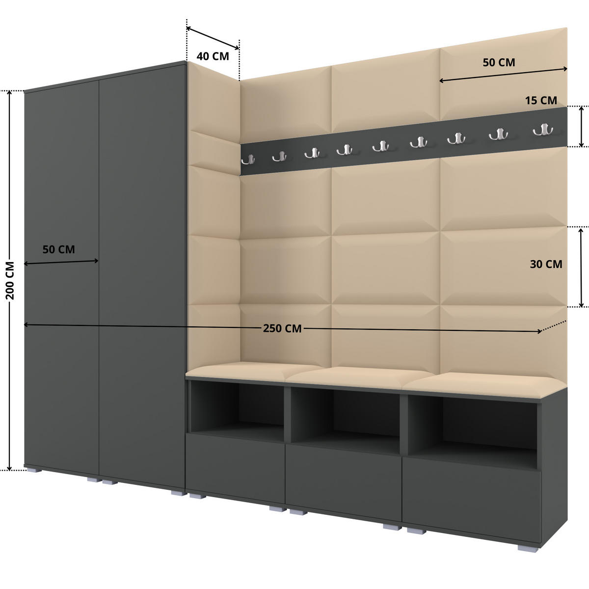 GARDEROBE NELA VII 250 cm (Modulare Flurmöbel XL Graphit mit Sitzpolster Beige 04 2 Schränke) - Beige/Silberfarben, Holz/Holzwerkstoff (250/187/40cm) - Ravio