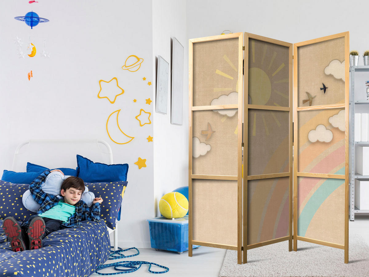 PARAVENT Japanischer 3-tlg 135x172 cm Sonne und Regenbogen - Beige, Holz/Textil (135/172/3cm) - Muralo
