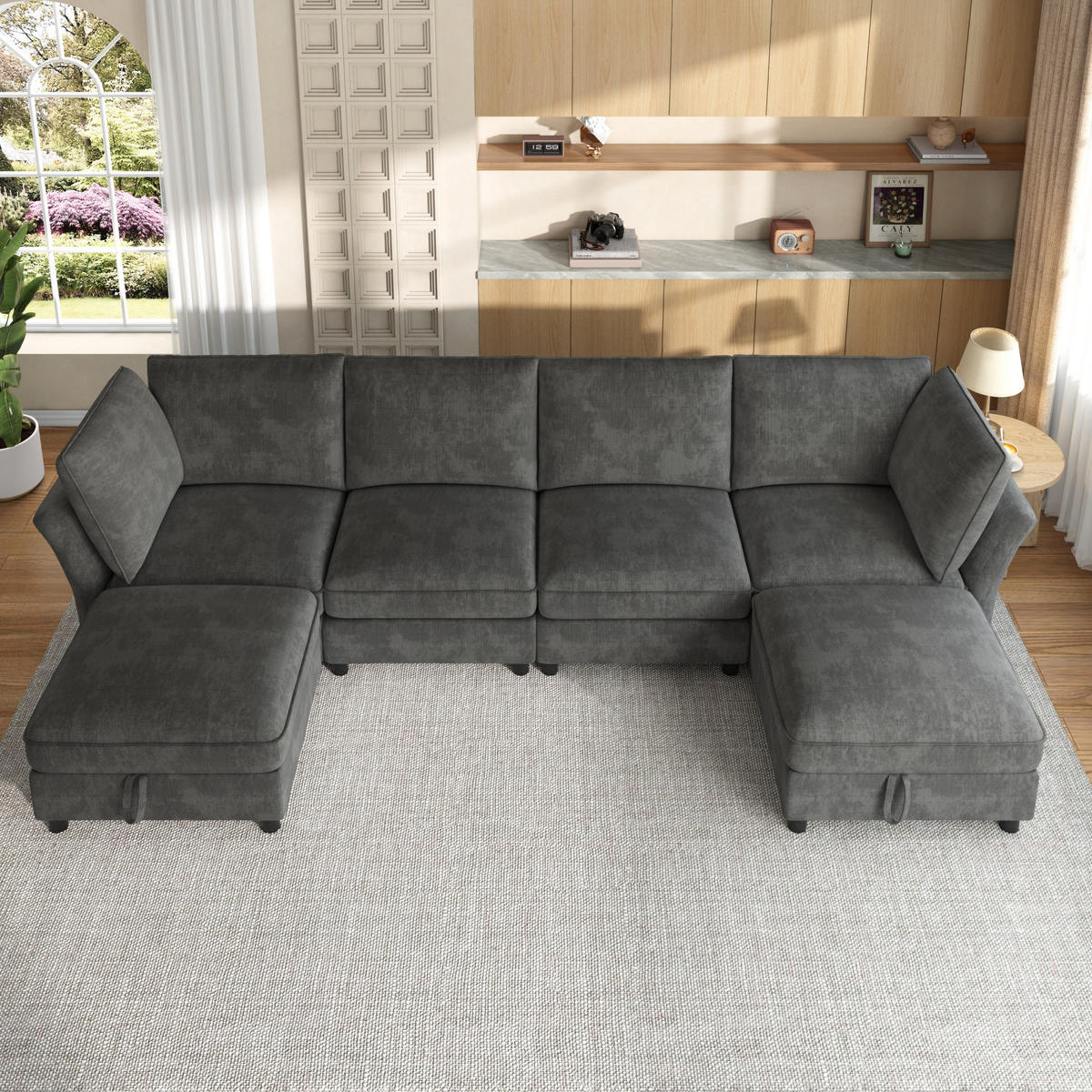 ECKSOFA mit 2 Stauraum-Hockern und Taschenfedern aus Chenille - Grau, Textil (289/137cm) - EVRYAE