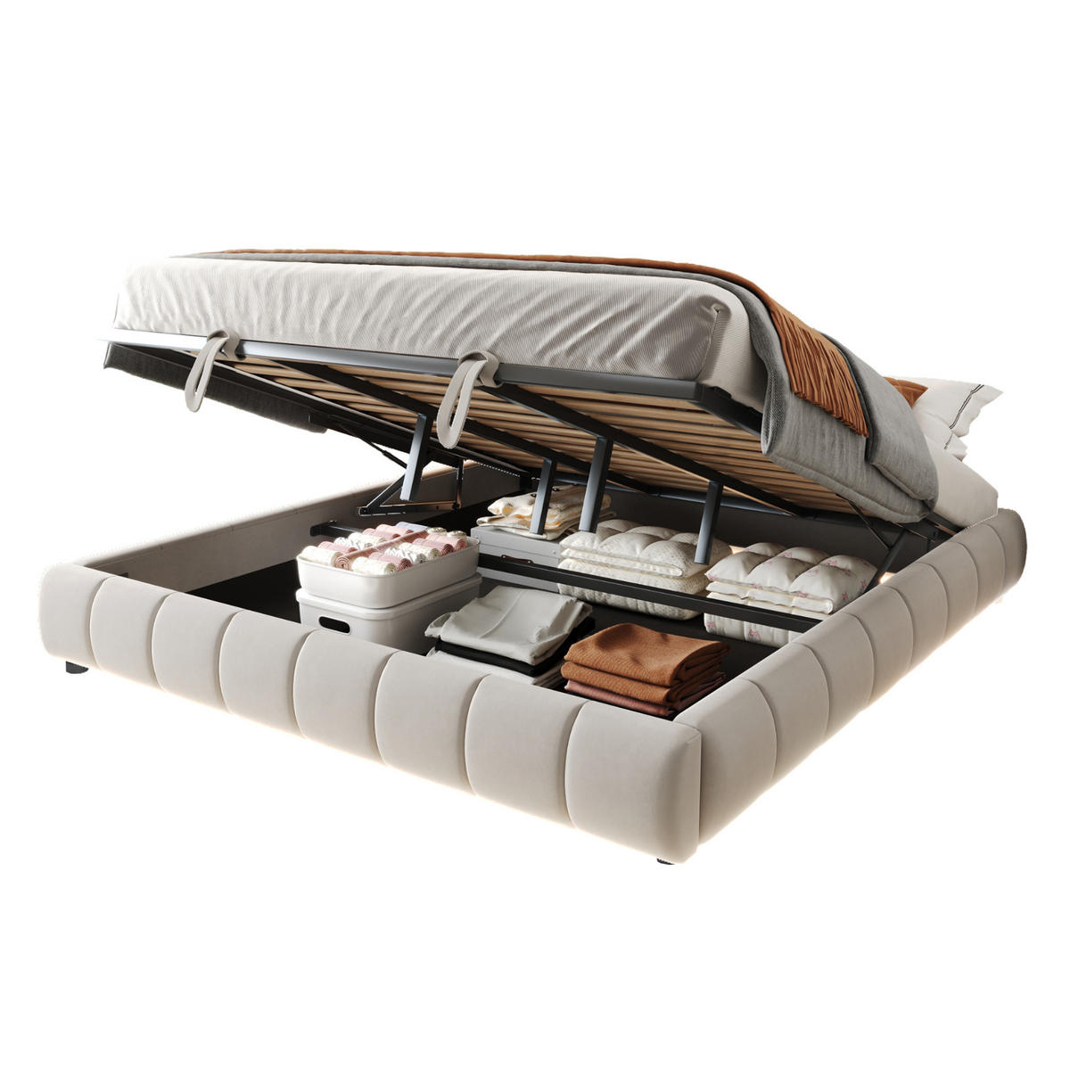 POLSTERBETT aus Flanellstoff 180x200 cm Beige mit LED-Lichtleiste, hydraulischem Stauraum und Metallrahmen - Beige, Textil (180/200cm) - Modfu