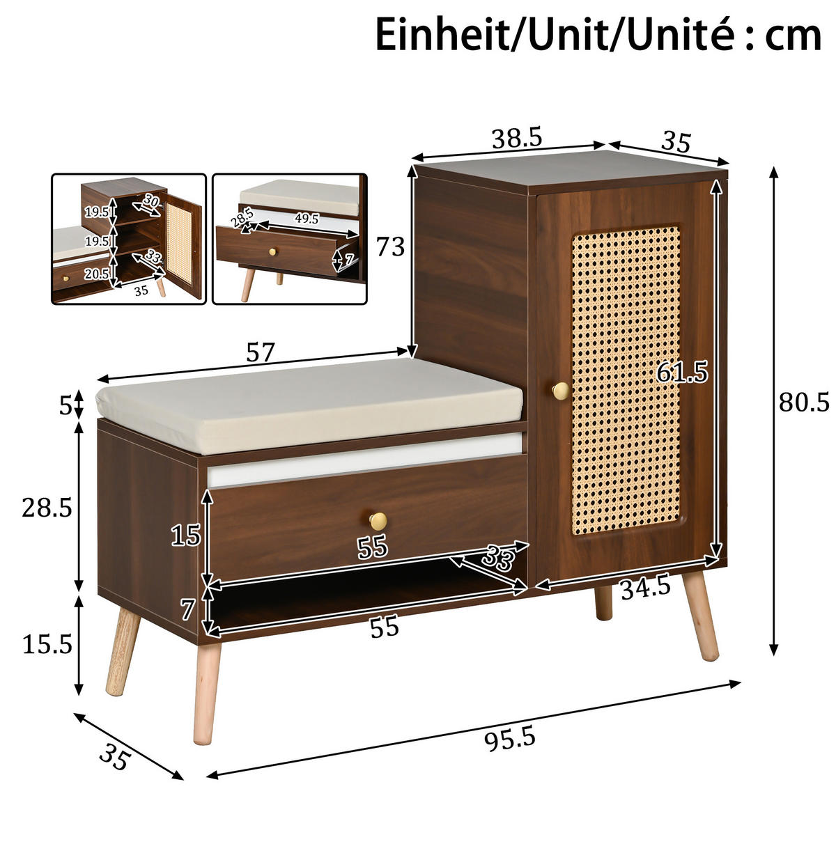 SCHUHSCHRANK 95,5/35/80,5 cm mit Sitzkissen, Schubladen und Rattan-Optik, Nussbaum - Dunkelbraun, Holzwerkstoff (95.5/80.5/35cm) - Redom