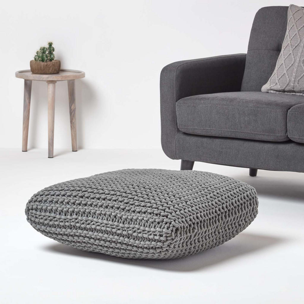 Thumbnail - Homescapes Strick-Pouf, Grau, Textil, Uni, Quadratisch, 70x20x70 cm, Wohnzimmer, Hocker, Poufs
