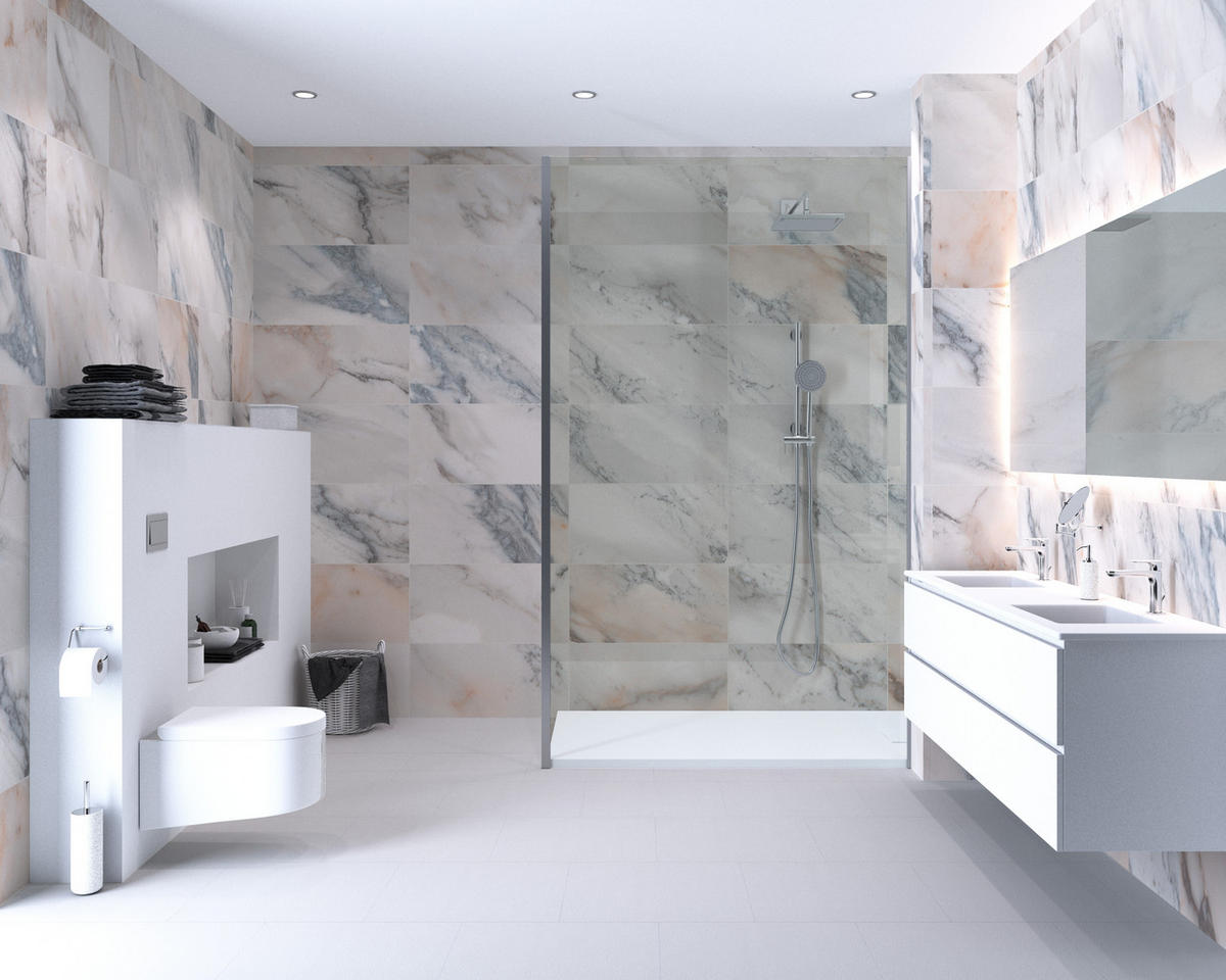 AQUA-STEP- ALL IN ONE - Wasserdichte Wandpaneele und Bodenpaneele für Badezimmer - Marmo Lumina - 6 Paneele (2,34m²) - Weiß, Kunststoff (122/32/0.45cm) - Aqua-Step® 