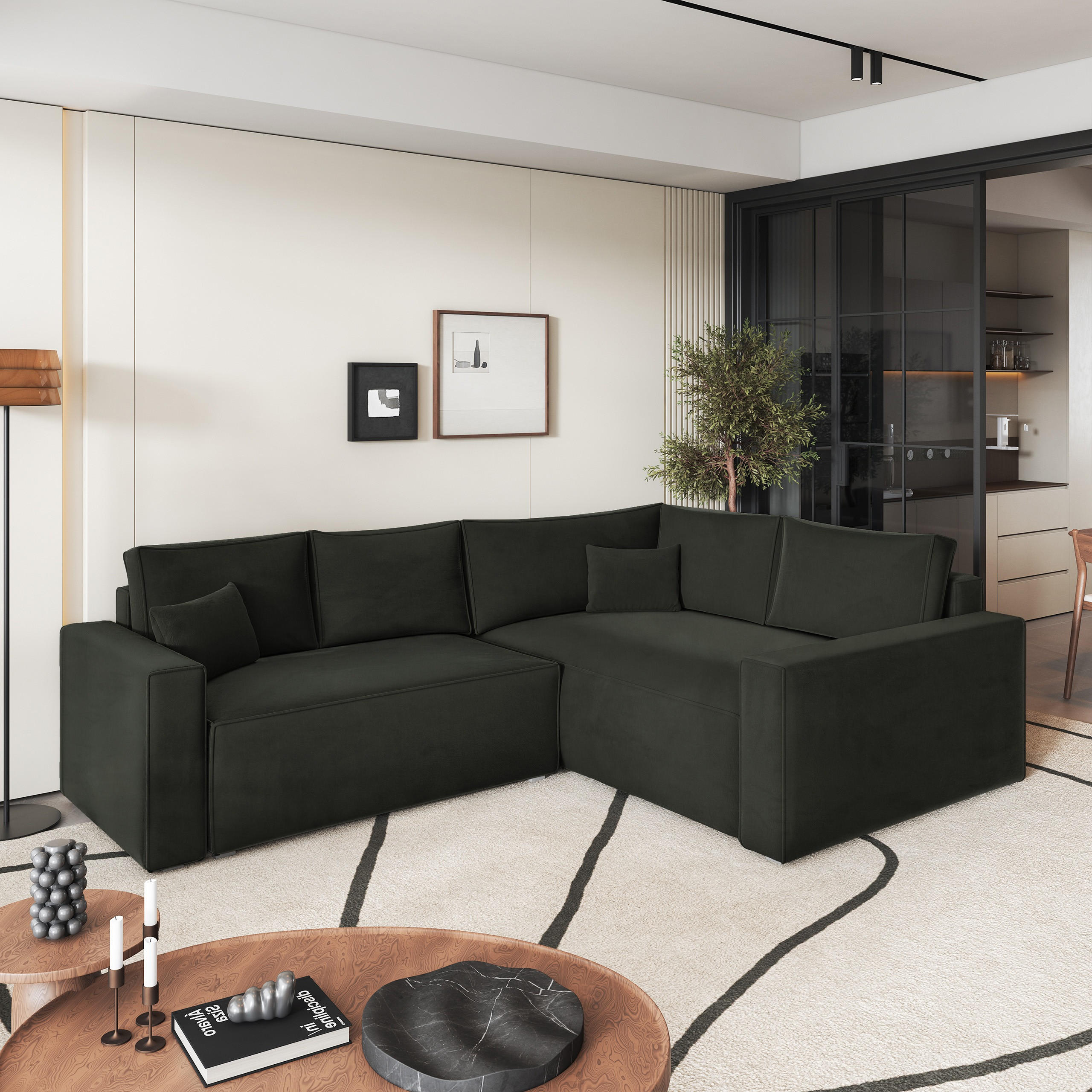 ECKSOFA ERONIS R-S Schwarz Velours-Stoff mit Schlaffunktion - Schwarz, Holz (265/194cm) - MASSENO