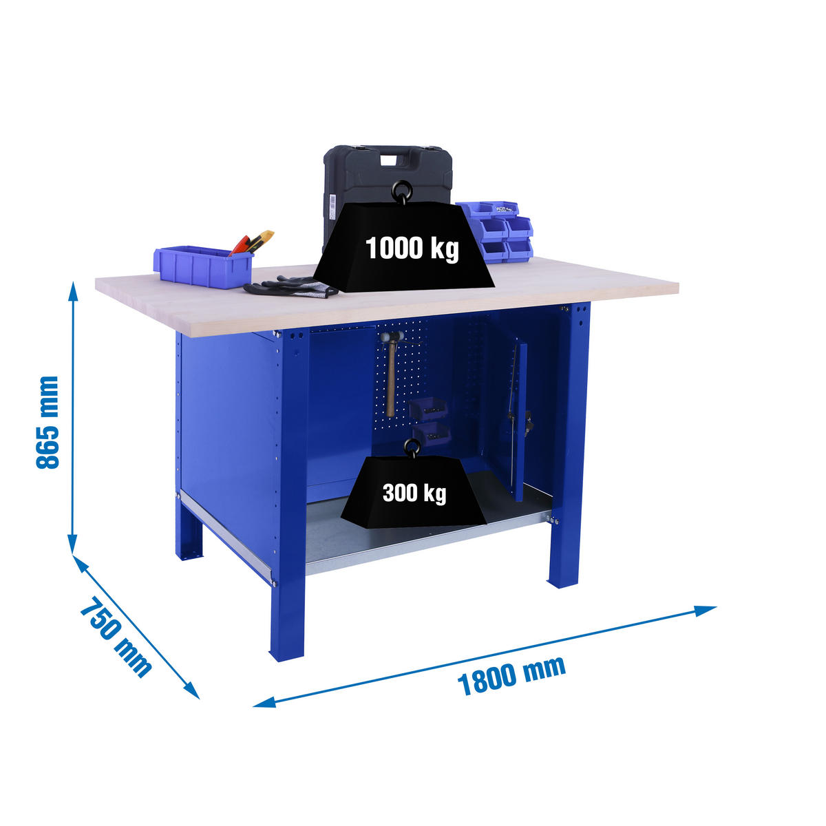 WERKBANK Buffalo Wood mit Schrank HxBxT 86,5 x 180 x 75 cm Traglast 1000 kg Blau - Blau, Metall (180/86.5/75cm) - PROREGAL